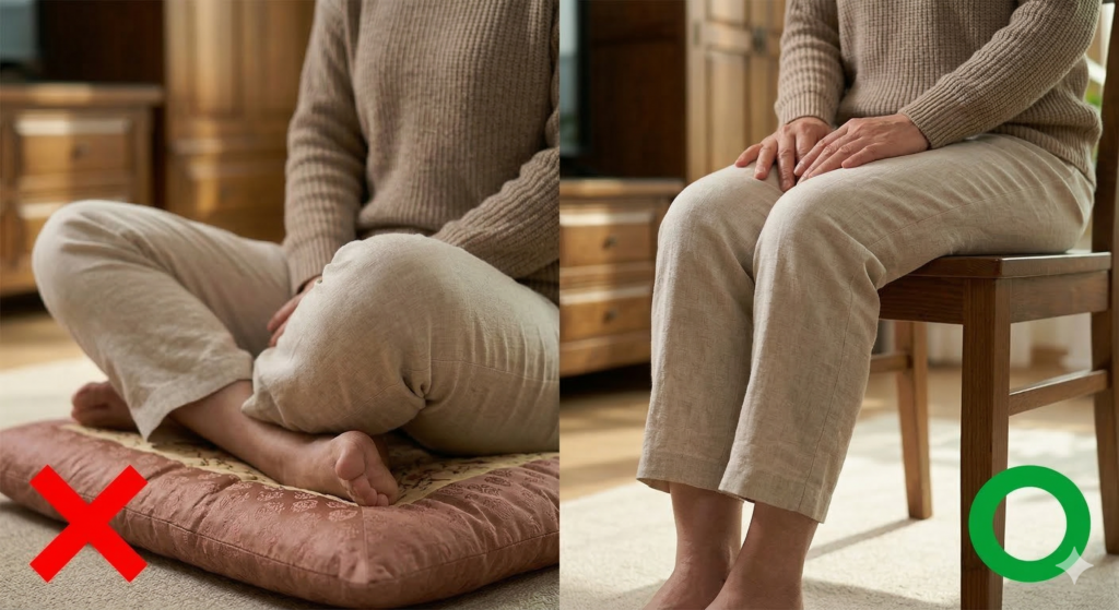 무릎 관절 습관을 망치는 양반다리와 좋은 의자 자세 비교