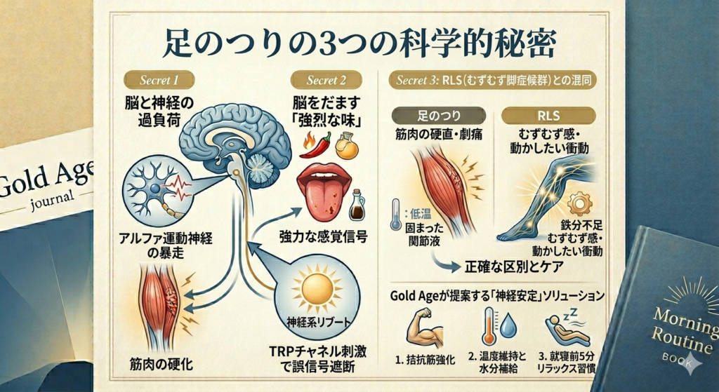 足のつり 原因とむずむず脚症候群(RLS)の医学的な違い、および神経系リブート解決策の図解