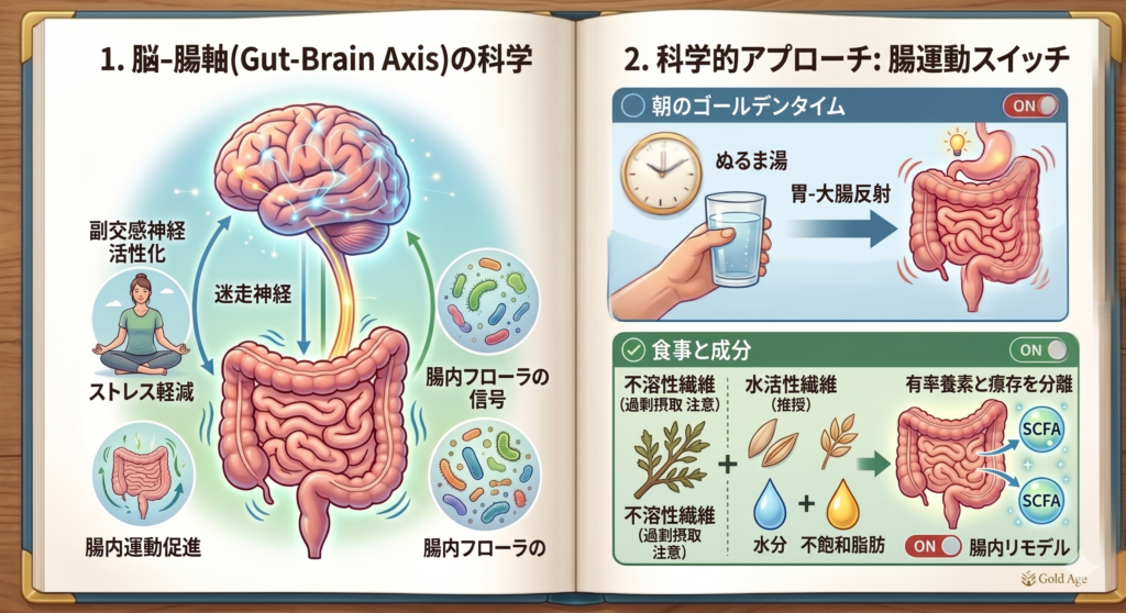 論文に基づいた便秘 解消戦略図。脳腸相関（Gut-Brain Axis）の原理と、朝のぬるま湯摂取による胃・大腸反射、水溶性食物繊維と短鎖脂肪酸（SCFA）による腸内リモデルの過程を詳しく説明する日本語インフォグラフィック
