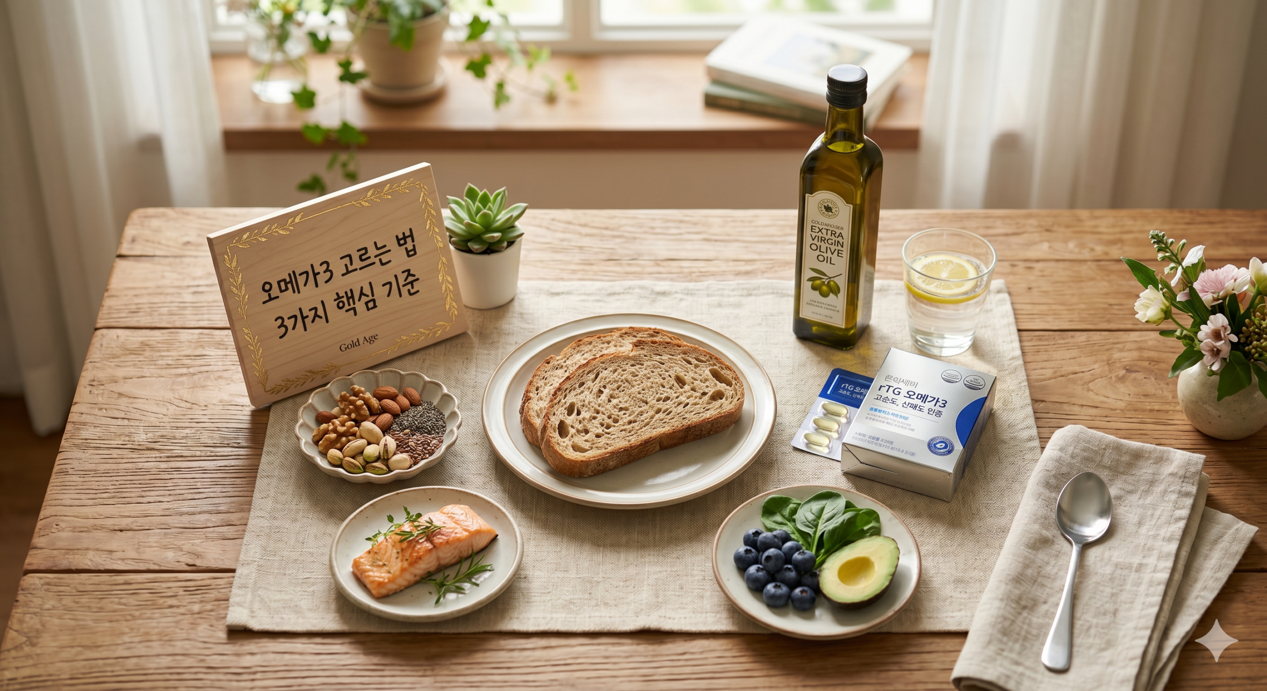 니어 심장 건강을 지키는 오메가3 고르는 법 3가지 핵심 기준（rTG형, 고순도, 산패도 인증）을 요약한 과학적 식탁 이미지 (Gold Age)