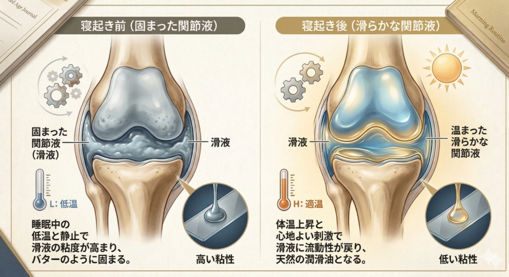 温度変化による関節液（滑液）の粘性比較：起床時の「高い粘性」（左）と、3分運動後の「低い粘性」（右）の状態。朝の関節の痛みのメカニズムを視覚的に示しています。