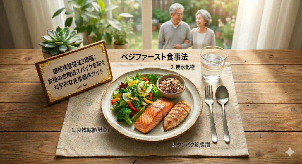 シニアのための「ベジファースト食事法」を解説するヘルシーな食卓。食物繊維（野菜）、タンパク質・脂質、炭水化物の理想的な摂取順序が明記されている。糖尿病管理法の科学的ガイド。（Gold Age）