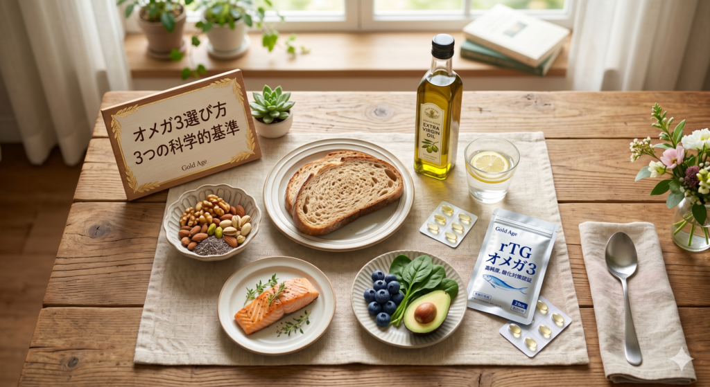 シニア 心臓 健康を守る オメガ3 選び方 3つの科学的基準（rTG型, 高純度, IFOS）を確認する科学的食卓イメージ (Gold Age)