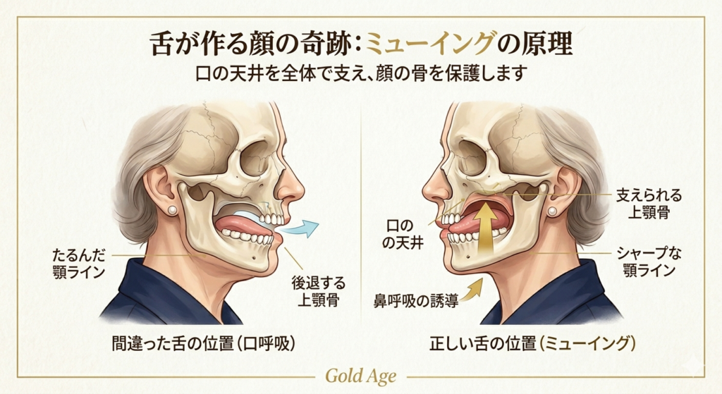 正しい舌の位置（ミューイング）がもたらすフェイスラインの引き締め効果