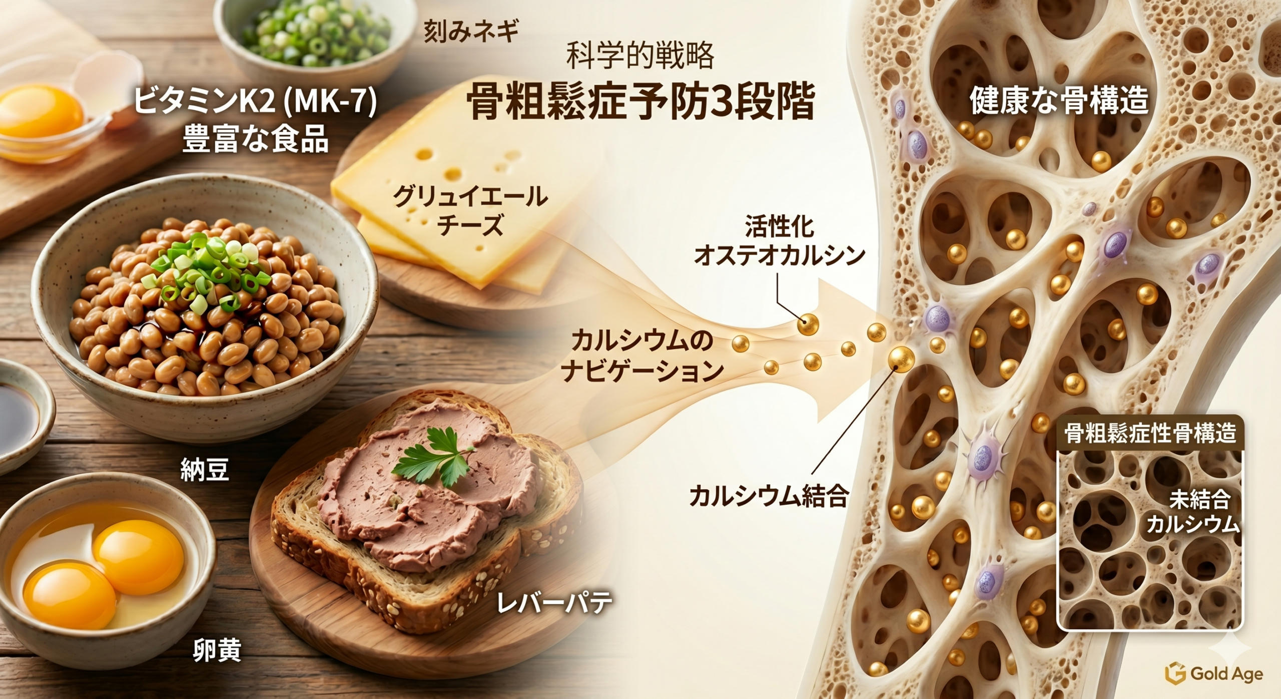 骨粗鬆症 予防のためのビタミンK2含有食品と骨構造のメカニズム解説。納豆、グリュイエールチーズ、卵黄、レバーパテなどのMK-7豊富な食品と、カルシウムを骨に導くオステオカルシンの働きを図解。（Gold Age）