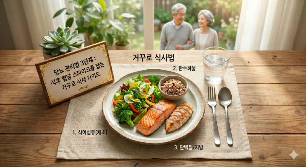 시니어 당뇨 관리법 3단계 식후 혈당 스파이크 차단 거꾸로 식사 가이드, 혈당 관리 음식 및 식후 산책