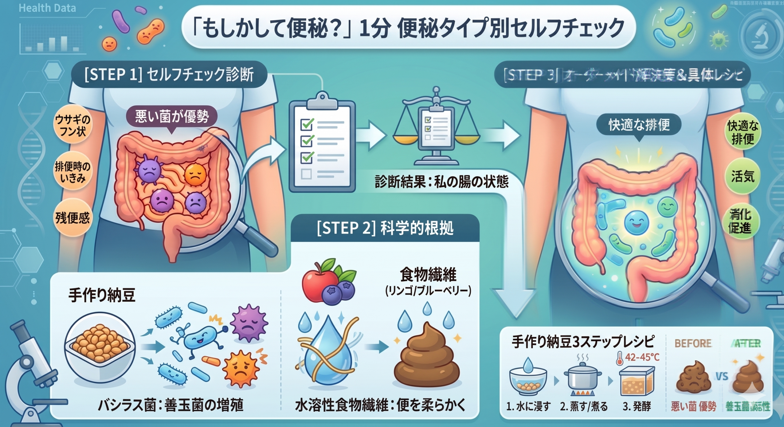 便秘セルフチェック：タイプ別の原因と手作り納豆による解決策インフォグラフィック