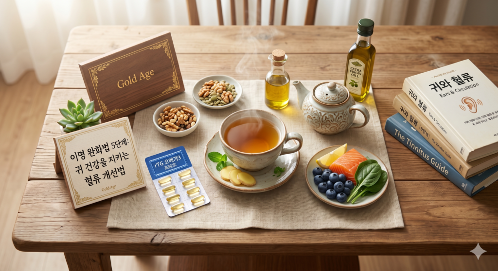 시니어 귀 건강 이명 완화법 5단계 과학적이고 현실적인 가이드, 혈류 개선 음식 및 rTG 오메가3 영양제 식탁 이미지 (Gold Age)