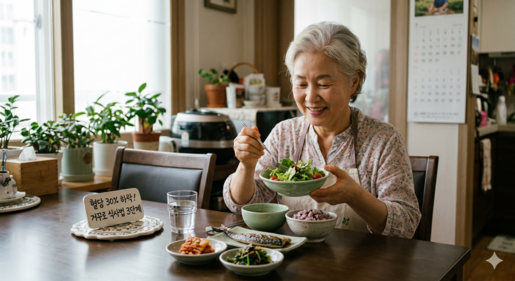 シニア 糖尿病 予防のための「食べる順番」3ステップを実践し、野菜から先に食べる高齢者