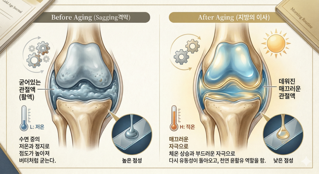아침 관절 통증의 원인인 굳은 관절액(왼쪽)과 운동 후 부드러워진 상태(오른쪽) 비교 도식