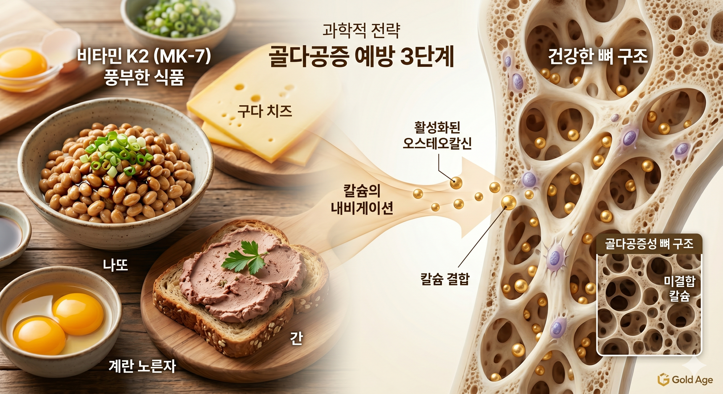 비타민 K2 풍부한 식품과 골다공증 예방 뼈 구조 시각화 가이드, 구다 치즈 나또 계란 노른자 효능 (Gold Age)