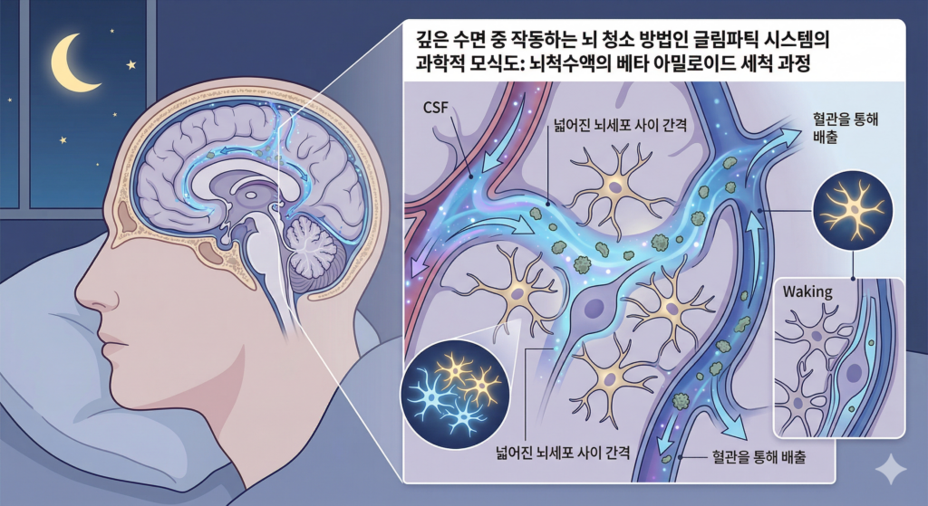 깊은 수면(NREM) 중 뇌세포(성상교세포) 사이 간격이 넓어지며, 뇌척수액(CSF)이 파도처럼 밀려들어 와 치매 유발 물질인 베타 아밀로이드를 씻어내는 과정.