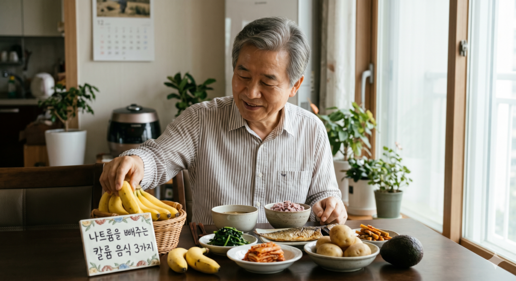 시니어 고혈압 낮추는 법 3가지를 실천하며 나트륨을 배출해주는 바나나 한 다발을 들어 보이시는 인자한 70대 한국 할아버지의 아침 식탁