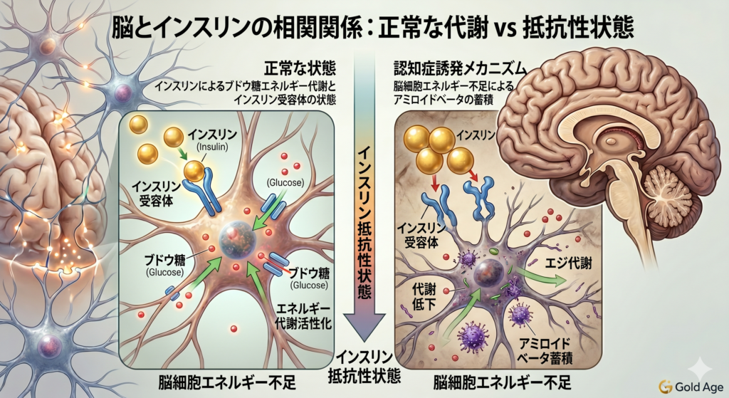 脳のインスリン抵抗性と認知症発症メカニズムの比較インフォグラフィック。正常なブドウ糖代謝（左）と、インスリン抵抗性による脳細胞エネルギー不足、アミロイドベータ蓄積、代謝低下（右）の科学的図解。認知症 予防のための視覚資料