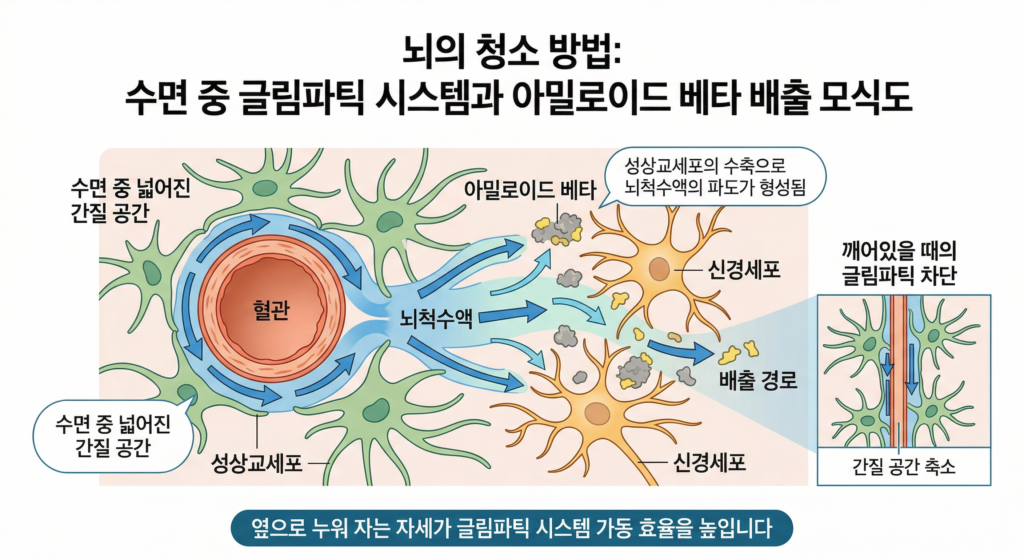 깊은 수면 중 작동하는 뇌 청소 방법인 글림파틱 시스템의 과학적 모식도: 뇌척수액의 베타 아밀로이드 세척 과정