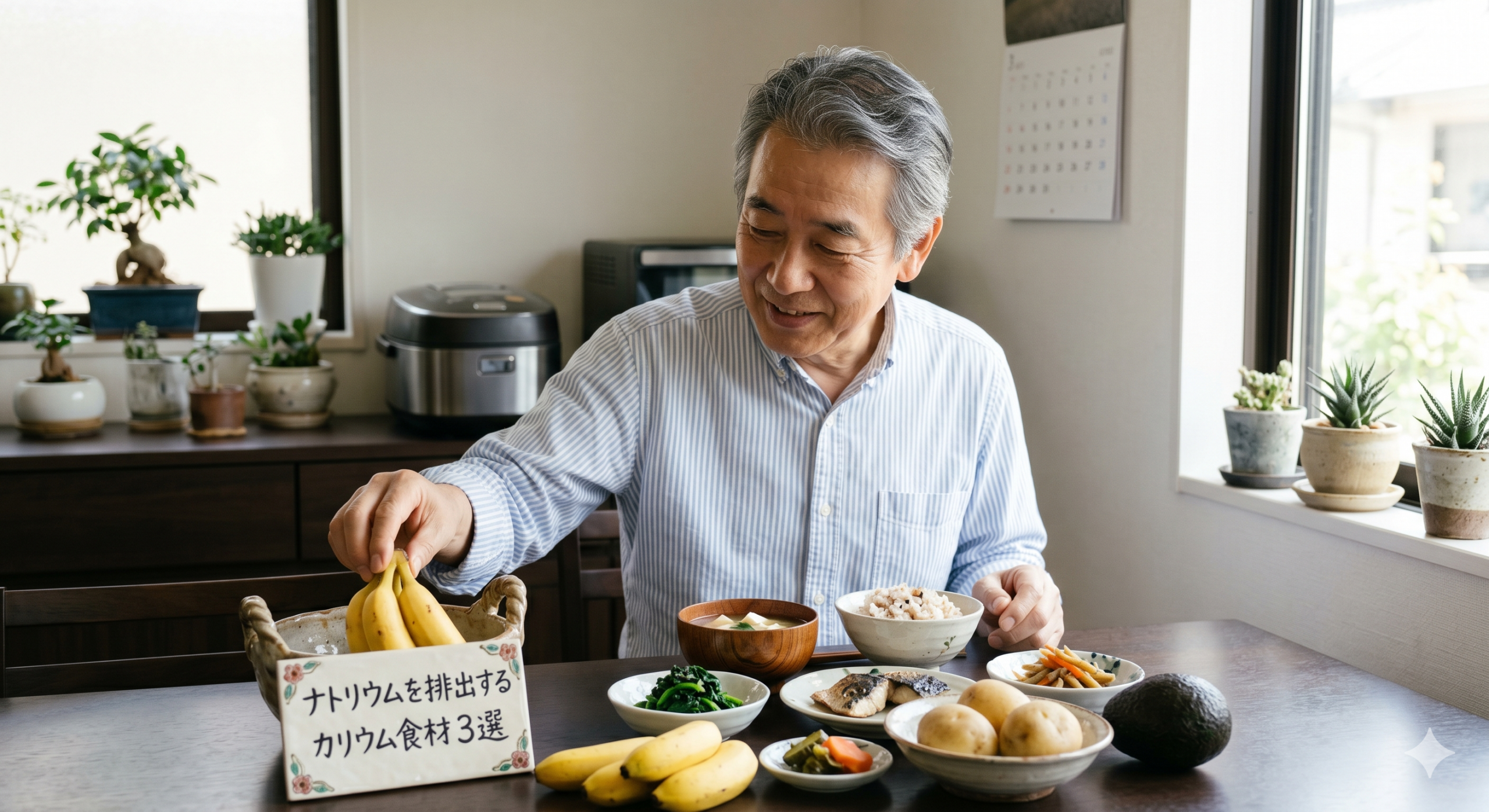 シニア 高血圧 下げる方法 3つの核心を実践し、ナトリウムを排出するカリウム豊富な食材（バナナ、ほうれん草）を紹介する日本人高齢男性