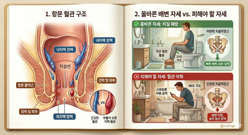 치질 예방을 위한 항문 혈관 구조와 올바른 배변 자세 비교 인포그래픽. 내치핵과 외치핵의 구조 및 치상선을 설명하며, 수술 없는 치질 예방에 효과적인 35도 배변 자세와 스마트폰 사용 금지 습관을 시각적으로 보여줌.