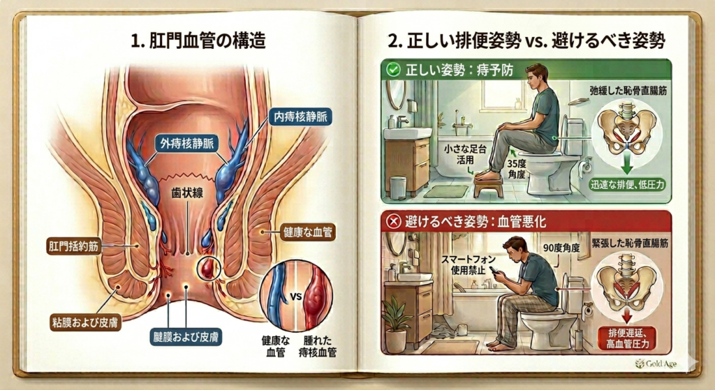 痔 予防のための肛門血管構造と正しい排便姿勢を比較したインフォグラフィック。内痔核、外痔核、歯状線の位置関係を解説し、手術を避ける痔 予防に効果的な35度の姿勢（考える人のポーズ）と、避けるべきスマホ使用習慣を視覚的に説明しています。