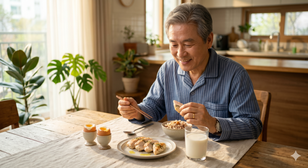 サルコペニア タンパク質摂取のために朝食で肉を食べる高齢者