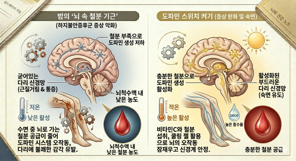 하지불안증후군 증상의 원인인 뇌 속 철분 부족과 도파민 시스템 오작동을 설명하는 의학 도식화 이미지