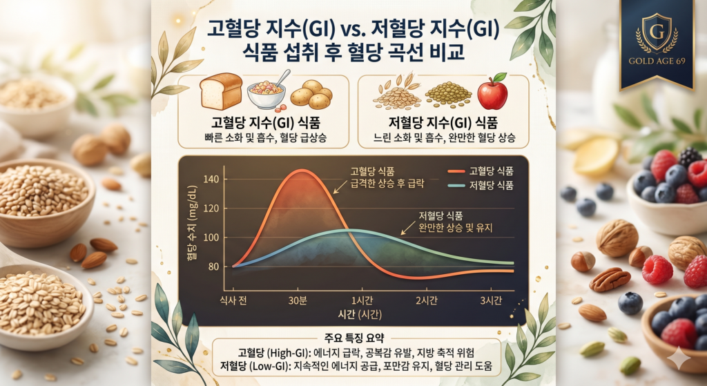 당질 제한 중에도 맛있게 먹을 수 있는 저당 지수 3선. 고혈당 지수와 저혈당 지수 식품 섭취 후 혈당 곡선의 차이